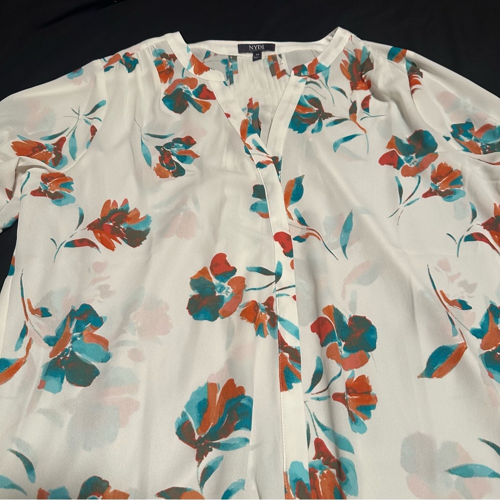 NYDJ Orange and Blue Buttoned Blouse with Mandarin Collar
